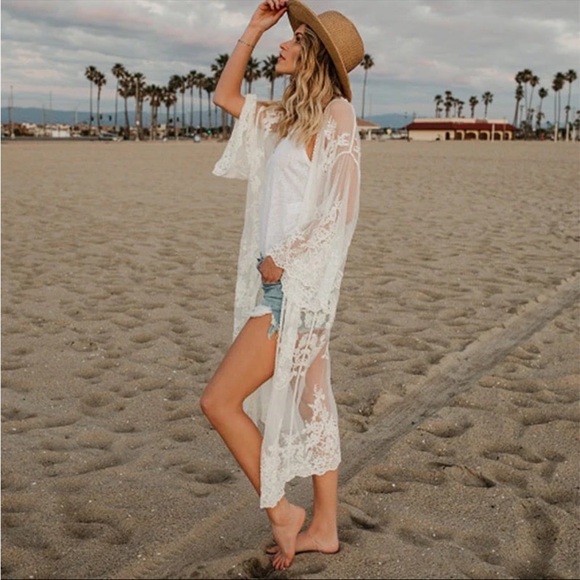 Elegant White Lace Beach Cover-Up kimono lace